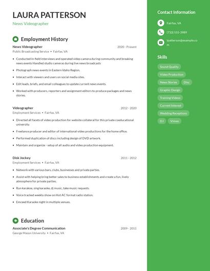 News Videographer Resume