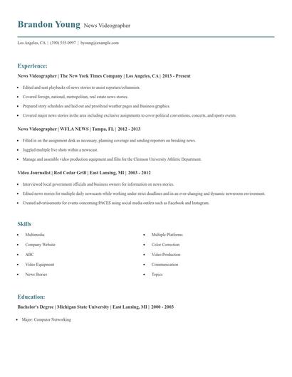 News Videographer Resume