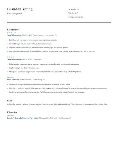 News Videographer Resume