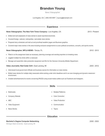 News Videographer Resume