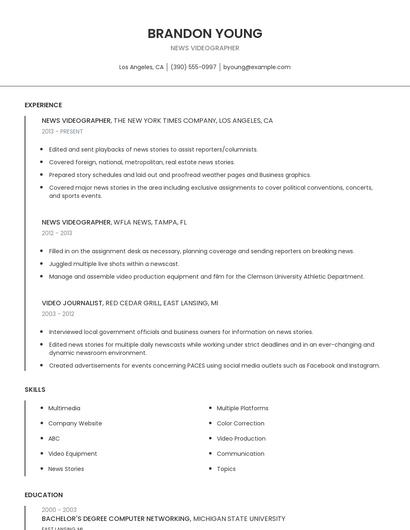 News Videographer Resume