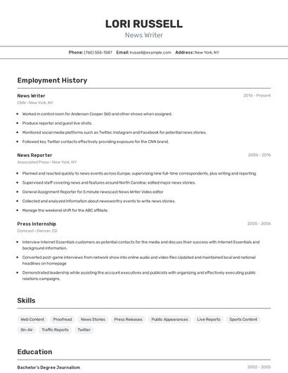 News Writer Resume