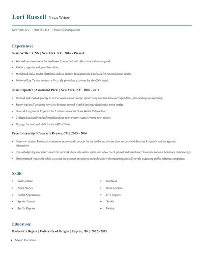 News Writer Resume
