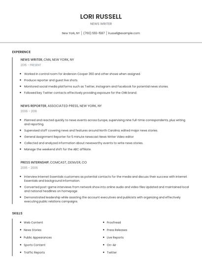 News Writer Resume