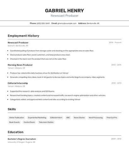 Newscast Producer Resume