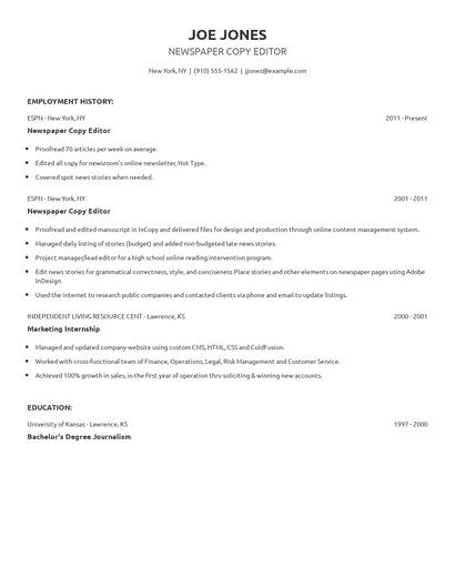 Newspaper Copy Editor Resume