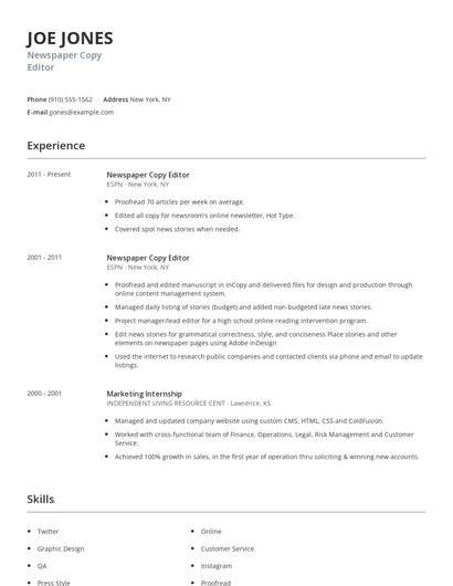 Newspaper Copy Editor Resume