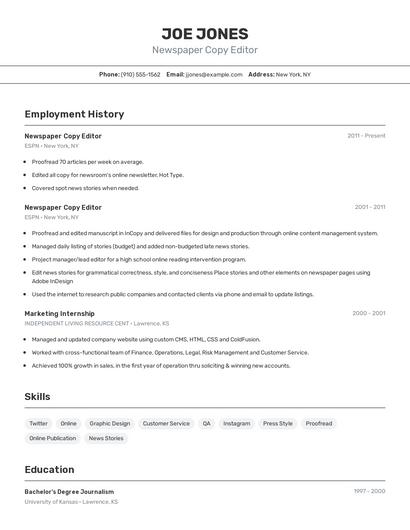 Newspaper Copy Editor Resume