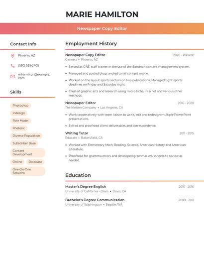 Newspaper Copy Editor Resume