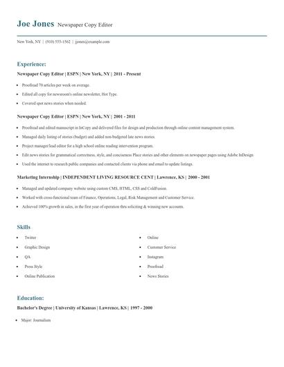 Newspaper Copy Editor Resume