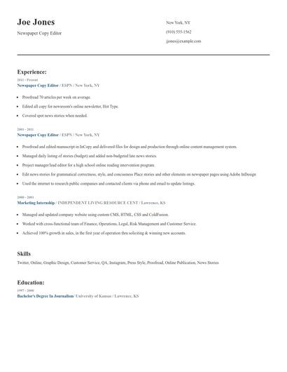 Newspaper Copy Editor Resume