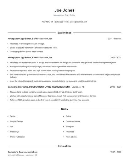 Newspaper Copy Editor Resume