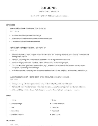 Newspaper Copy Editor Resume