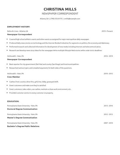 Newspaper Correspondent Resume
