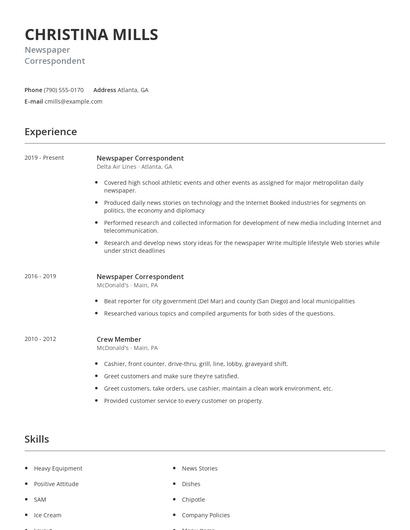 Newspaper Correspondent Resume