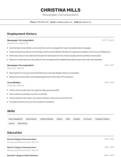 Newspaper Correspondent Resume