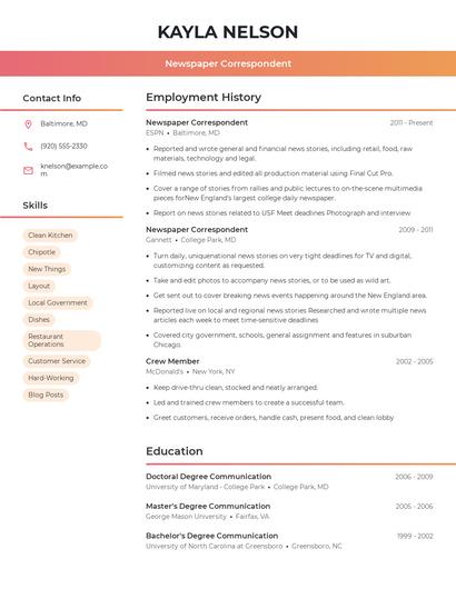 Newspaper Correspondent Resume