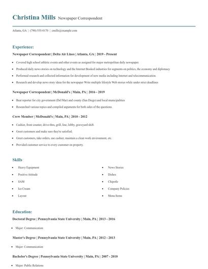 Newspaper Correspondent Resume