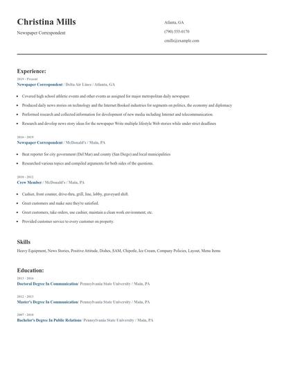 Newspaper Correspondent Resume