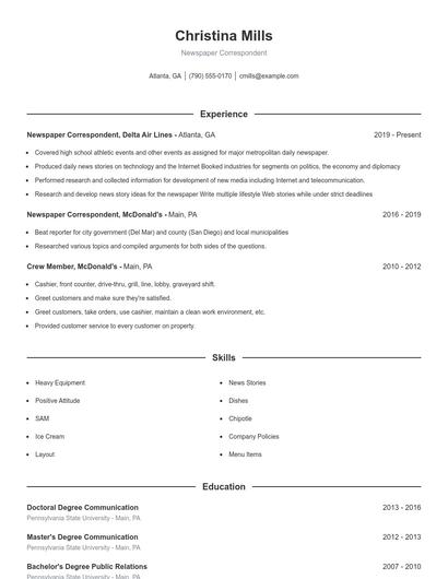Newspaper Correspondent Resume