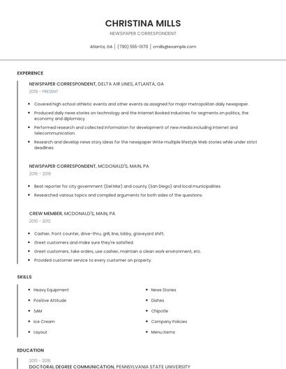 Newspaper Correspondent Resume