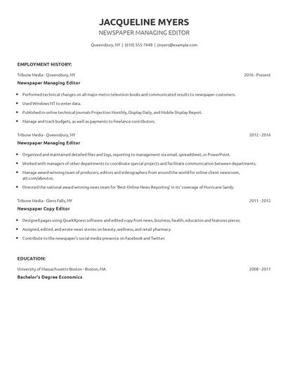 Newspaper Managing Editor Resume