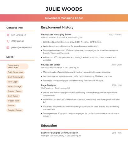 Newspaper Managing Editor Resume