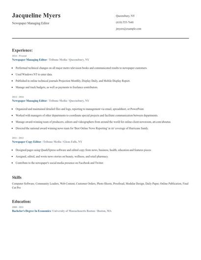 Newspaper Managing Editor Resume