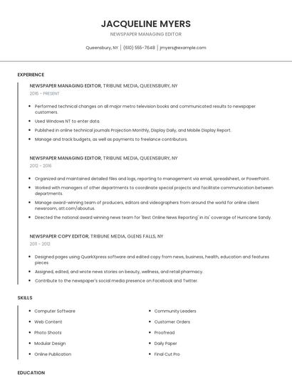 Newspaper Managing Editor Resume