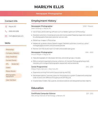 Newspaper Photographer Resume