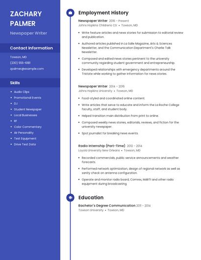Newspaper Writer Resume