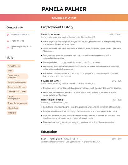 Newspaper Writer Resume