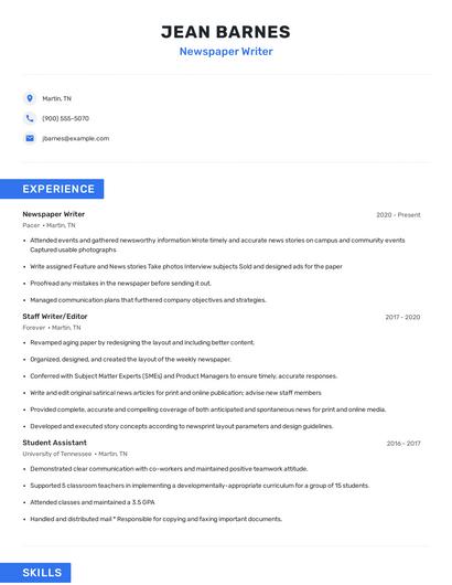 Newspaper Writer Resume