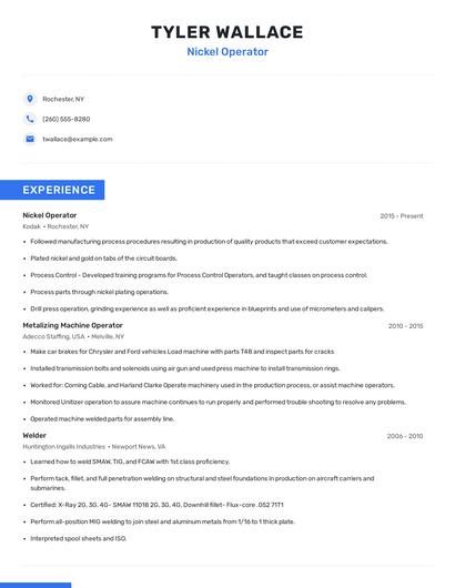 Nickel Operator Resume