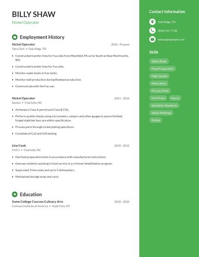 Nickel Operator Resume