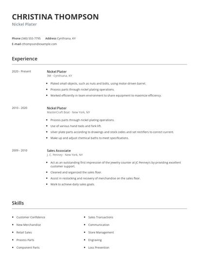 Nickel Plater Resume