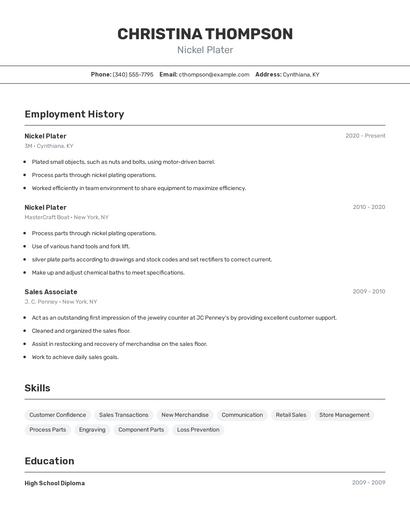 Nickel Plater Resume