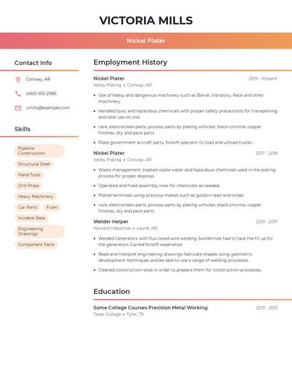 Nickel Plater Resume