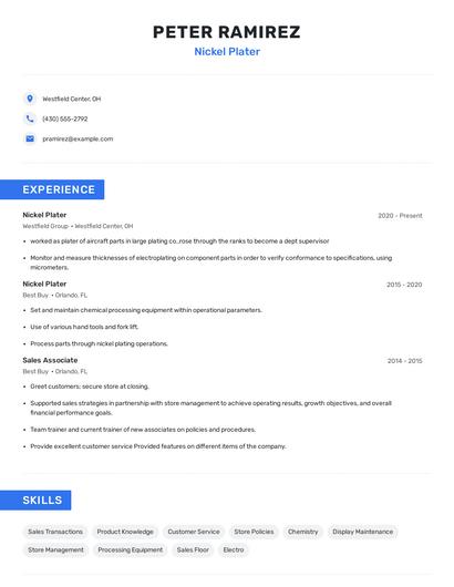 Nickel Plater Resume