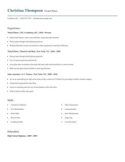 Nickel Plater Resume