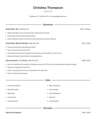 Nickel Plater Resume