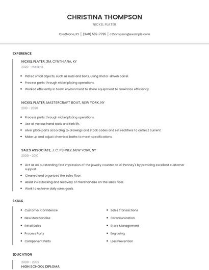 Nickel Plater Resume