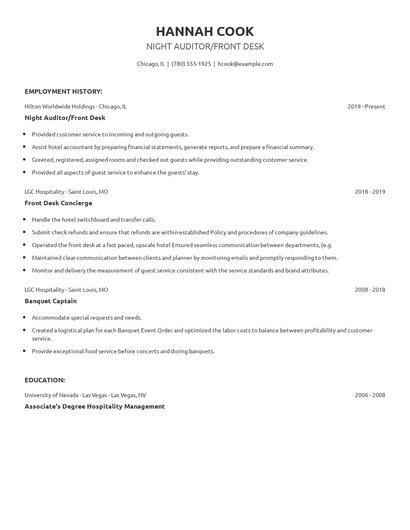 Night Auditor/Front Desk Resume