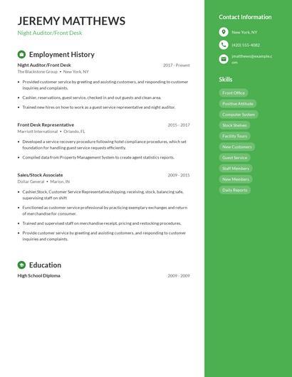 Night Auditor/Front Desk Resume