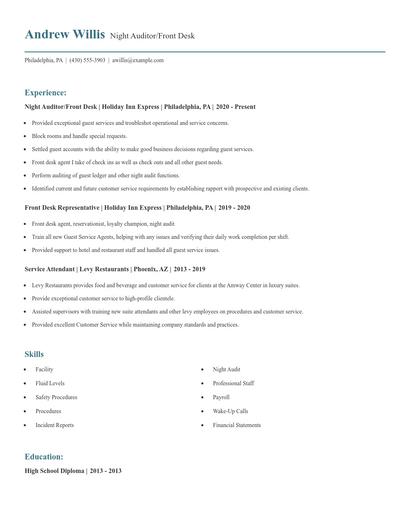 Night Auditor/Front Desk Resume