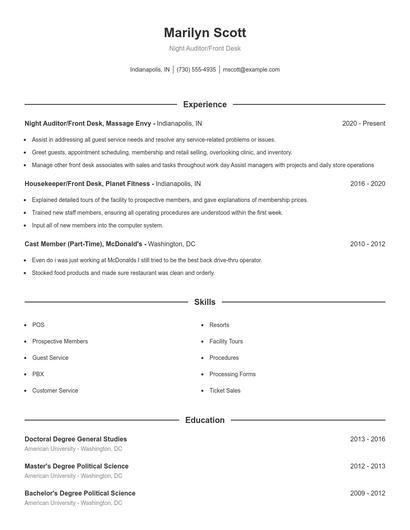 Night Auditor/Front Desk Resume