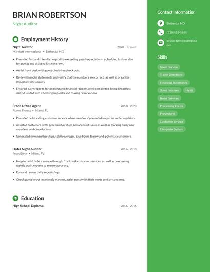 Night Auditor Resume