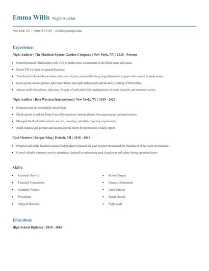 Night Auditor Resume