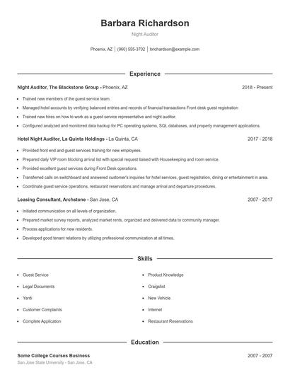 Night Auditor Resume