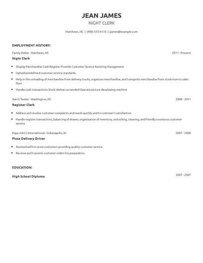 Night Clerk Resume
